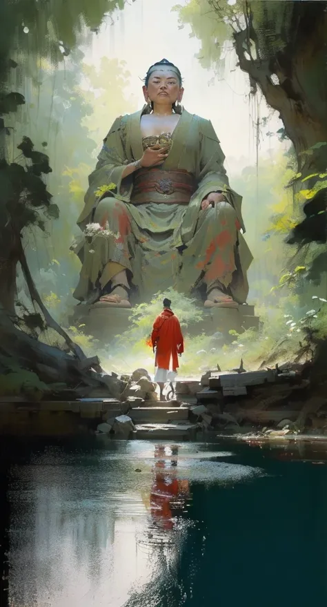 painting of a man in a red robe standing in front of a large buddha statue, by Han Gan, by Bayard Wu, by Li Zai, guweiz masterpiece, makoto shinkai and tom bagshaw, the buddha, by Raymond Han, traditional japanese concept art, by Yang J, buddhism, by Ma Sh...