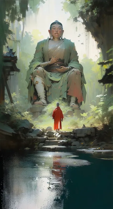 painting of a man in a red robe standing in front of a large buddha statue, by Han Gan, by Bayard Wu, by Li Zai, guweiz masterpiece, makoto shinkai and tom bagshaw, the buddha, by Raymond Han, traditional japanese concept art, by Yang J, buddhism, by Ma Sh...