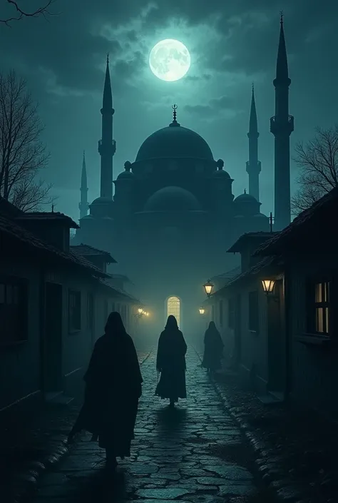 The village under a moonless sky, with strange lights and shadows flickering around the mosque, and the villagers peering out fearfully from their homes.





