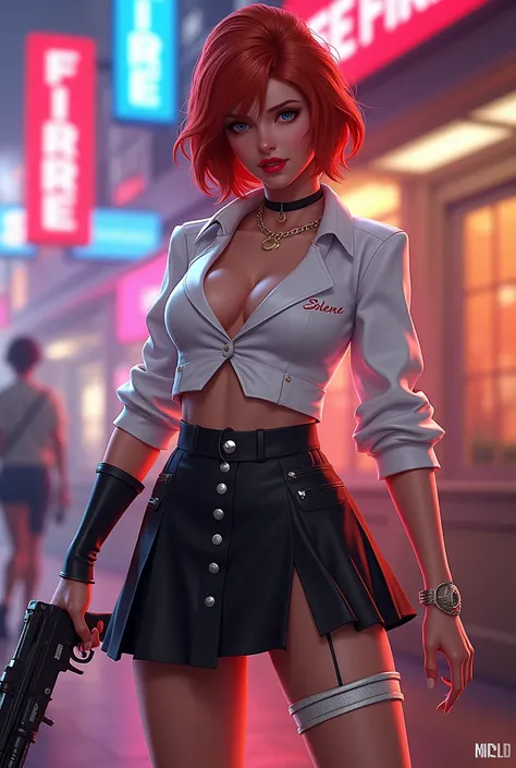 Freefire game style character all stylish, of skin jambo, short medium copper red hair, dark brown eyes, wearing red lipstick, wearing a short white low-cut blouse with the name SOLENE and a black skirt, high white shoes, holding an mp5 and making a very b...