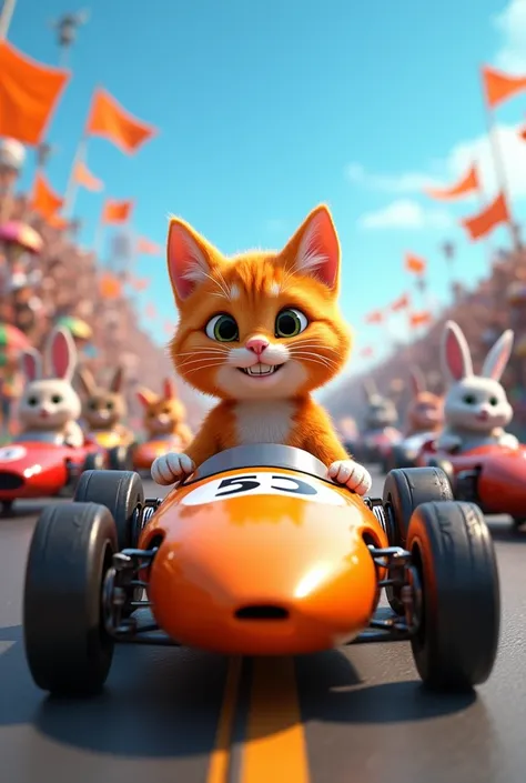 A vibrant race start with Rusty, the orange tabby cat, in a gleaming orange car, lined up beside a greyhound, a white rabbit, and various other cats in their colorful vehicles. The atmosphere is electric, with a cheering animal crowd, bright flags, and a c...