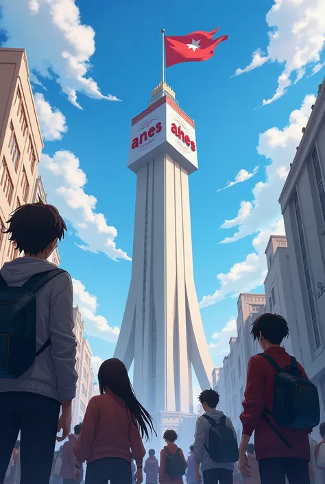 A picture of people looking at a big tower with a flag and the word anes written on it