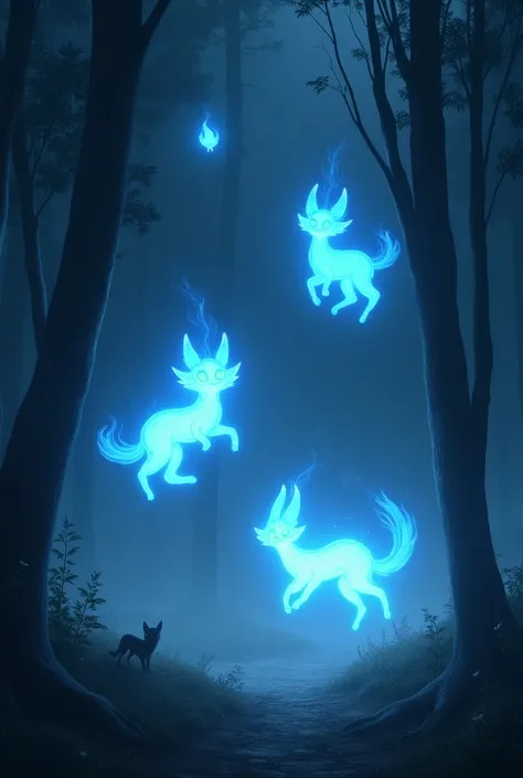 “A mystical depiction of Kitsunebi, a mythical fox fire from Japanese folklore. The scene shows a dark, misty forest at night, where several blue and white ghostly flames float in the air. These fox fires emit an eerie, enchanting glow, casting soft, myste...