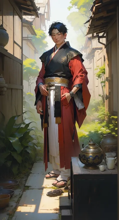 painting of a man in a red robe standing in front of a large buddha statue, by Han Gan, by Bayard Wu, by Li Zai, guweiz masterpiece, makoto shinkai and tom bagshaw, the buddha, by Raymond Han, traditional japanese concept art, by Yang J, buddhism, by Ma Sh...