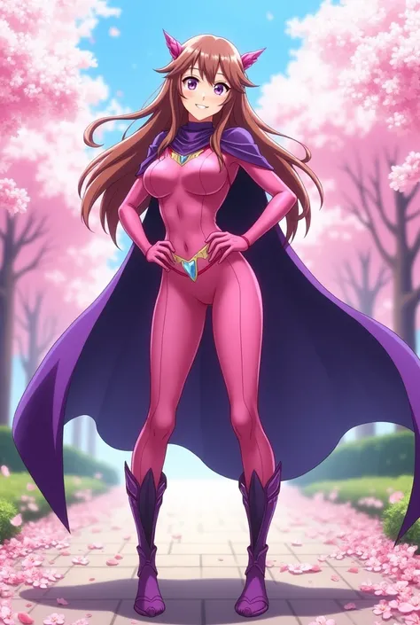 masterpiece, best quality:1.2), 1girl, smile, looking at viewer, hijiri ageha, purple eyes, long brown hair, dressed as superwoman, full bodysuit, pink catsuit, purple cloak cape, boots, standing under cherry blossoms in park