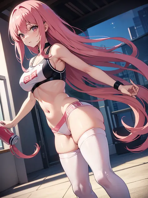 Nino:long pink hair,she has big breasts she is wearing tight wet white panties and a tight wet black bra tight gym pants,she is standing,Anime 8k