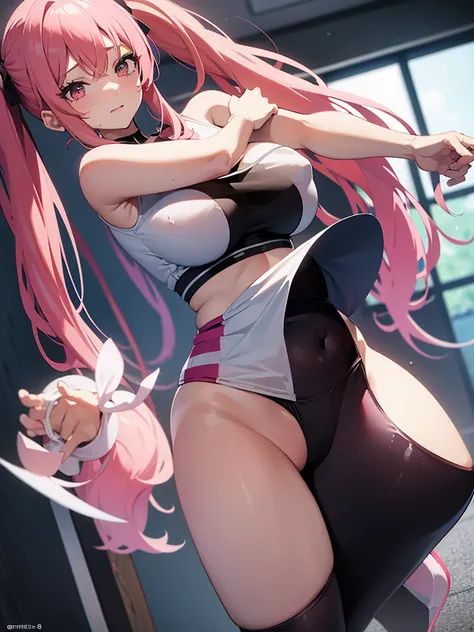 Nino:long pink hair,she has big breasts she is wearing tight wet white panties and a tight wet black bra tight gym pants,she is standing,Anime 8k