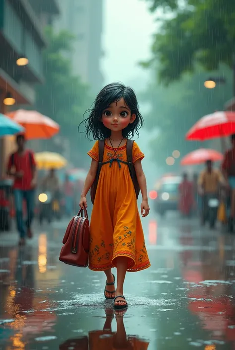 An Indian girl going to school in the rain