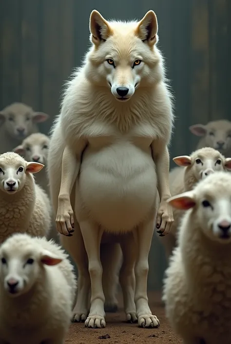 A nude sexy chubby wolf, with a sensual look, speaking in front of an audience of sheep