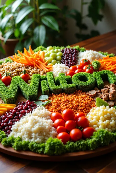 Full name "wilton" made of vegetables on a meal plate that must measure four meters in circumference , This dish contains rice, feijao , carne , salad. It is in a place where the size of the meal plate is noticeable. Overcrowded appearance.