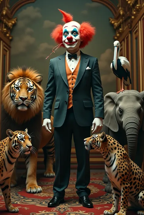 Man dressed in elegant suit in a baroque room with a clown face blowing a streamer, around him a tiger, a lion, a rhinoceros, An elephant,A leopard and a cricket, pelican. 