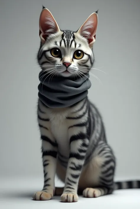 3D Rendering、Real、Realistic、Gray female cat with black and white stripes standing、Use of neck warmers Standing upright like a human、Staring ahead