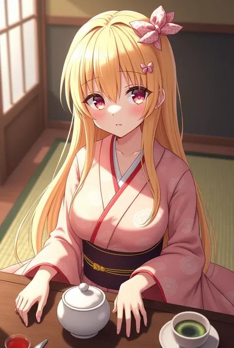 beautiful girl、Lady、清楚系Lady、Blonde、blonde hair、Confident expression、Tea Room、Tea party、kimono、seiza、Anime art style、Beautiful Anime、Anime Moe、Trending on Pixiv、sacred、mysterious、The work of the divine artist、Character Design、An illustration、from above、look...