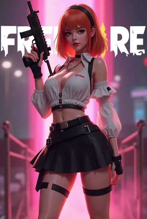 Freefire game style character all stylish, of skin jambo, short medium copper red hair, dark brown eyes, wearing red lipstick, wearing a short white low-cut blouse with the name SOLENE and a black skirt, high white shoes, holding a beautiful mp5 and making...