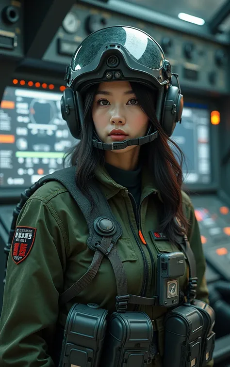 Photo-real, Ultra-realistic, (1 Korean female pilot，Super beautiful face, Super white face), (fully armed), (Wearing Army paratrooper camouflage uniform，Wearing a military helmet:1.5), Large breasts（Close-up of a complex aircraft control panel with buttons...