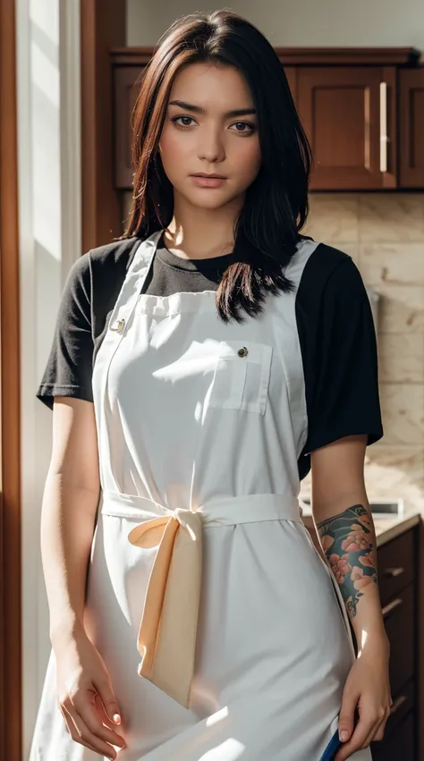 a woman with various tattoos and blonde hair, solo, hips up, detailed face, standing in her kitchen, wearing only an apron, soft...