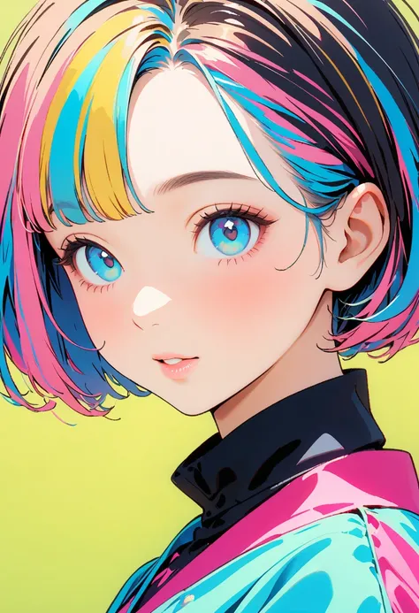 (Highest quality:1.2, City Pop Style, Very detailed, Latest, Vibrant, High Contrast, masterpiece:1.2, Highest quality, Best aesthetics), girl, ((Face Up Shot:1.4)), Colorful Hair, Bobcut, pastel colour, 1980s style, ((Retro, Vintage, Plain background))