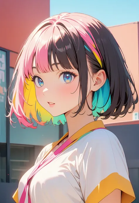 (Highest quality:1.2, City Pop Style, Very detailed, Latest, Vibrant, High Contrast, masterpiece:1.2, Highest quality, Best aesthetics), girl, ((Face Up Shot:1.4)), Colorful Hair, Bobcut, pastel colour, 1980s style, ((Retro, Vintage, Plain background))