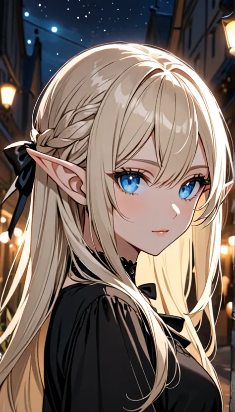 Beautiful and blond, black ribbon, black shirt, night, looking fancy,elf, white hair long, blue eyes 