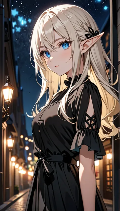 Beautiful and blond, black ribbon, black shirt, night, looking fancy,elf, white hair long, blue eyes 