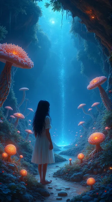 A realistic and artistic portrait painting ,illustrate an underground realm filled with harmonious bioluminescent flora and fauna Surround a beautiful girl, creating a serene underground utopia