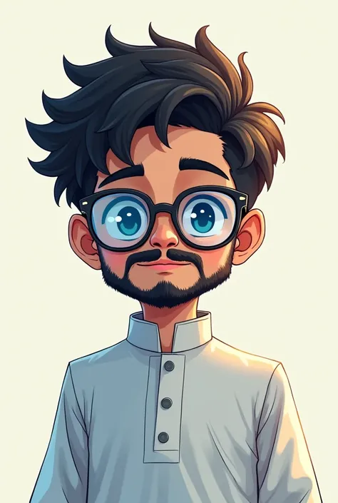 Muslim anime boy with transparent blue glasses and with fully moustache and beard with white kurta 