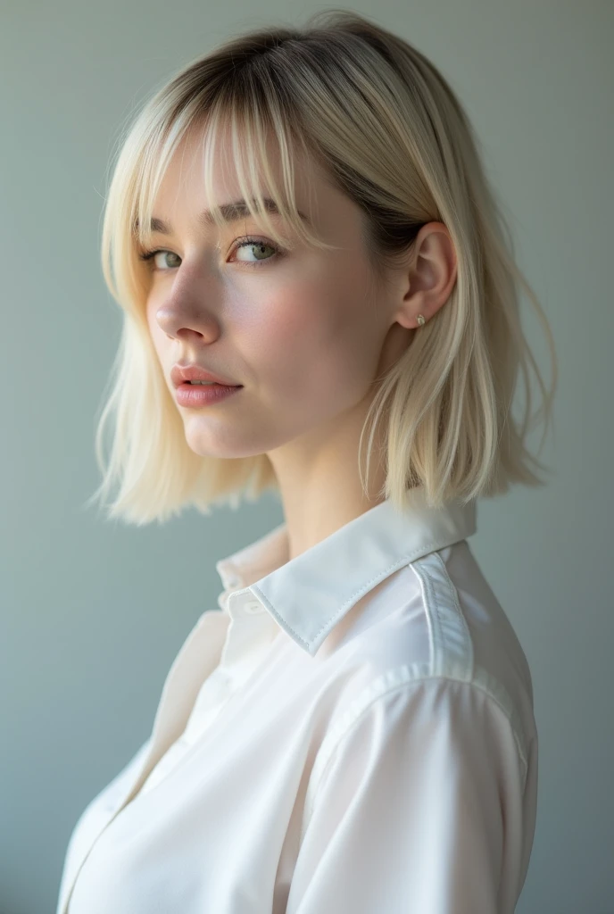 Side view,(8k, RAW Photos, Highest quality, masterpiece:1.2),Natural light,Small breasts,(Real human skin,Detailed skin:1,4),Upper body photo,((Flat Hair,Straight short bob hair,Bleached Hair,Transparent bangs:1,6)),White shirt,