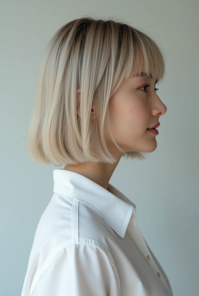 Side view,(8k, RAW Photos, Highest quality, masterpiece:1.2),Natural light,Small breasts,(Real human skin,Detailed skin:1,4),Upper body photo,((Flat Hair,Straight short bob hair,Bleached Hair,Transparent bangs:1,6)),White shirt,