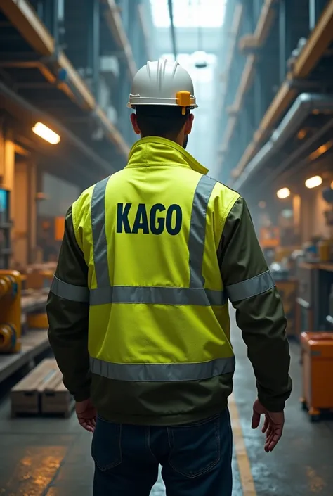 An HSE officer on workplace inspection, wearing a reflective jacket with the caption "KAGO" behind.