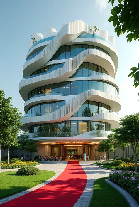 Create a building with  Singaporean, Exquisite design and a concrete on the building written C.M.D RENEWABLE AND CLEAN ENERGY on its own compound with Grass and flowers with red carpet on entrance 