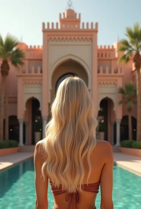 une blonde de dos dans un style moderne d’aujourd’hui devant le casino de marrakech
