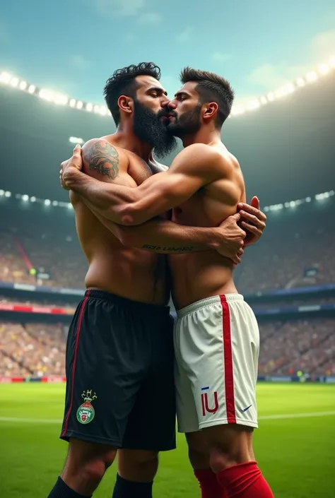 A strong hairy Persian football player with lots of hair on his chest and beard, wearing no shirt, black shorts and red socks and black boots, hugging a Brazilian soccer player, wearing no shirt, White shorts, white socks and white boots, on the lawn of th...