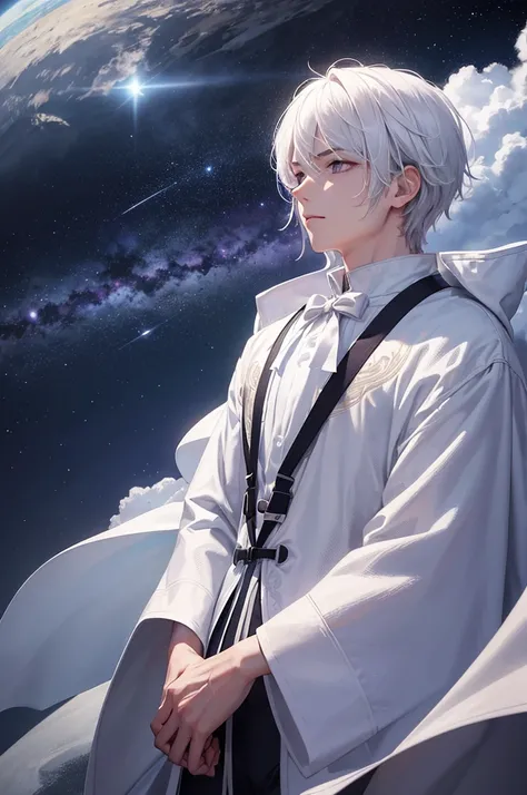 Beautifully drawn, high quality, highly detailed computer illustration of a young man with a serene expression, looks into the distance with violet eyes, his striking light white hair flutters softly in the cosmic wind. The landscape behind him is vast and...