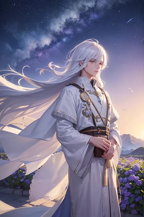 Beautifully drawn, high quality, highly detailed computer illustration of a young man with a serene expression, looks into the distance with violet eyes, his striking light white hair flutters softly in the cosmic wind. The landscape behind him is vast and...