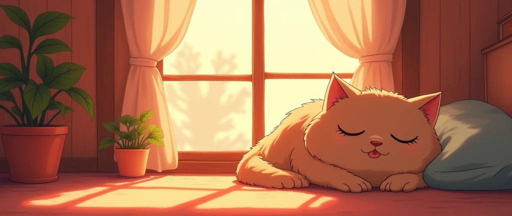 Cat, Cozy Anime,Lofi ,Ultrawide ,Ghibli vibes ,Wide view,Red Color Tones