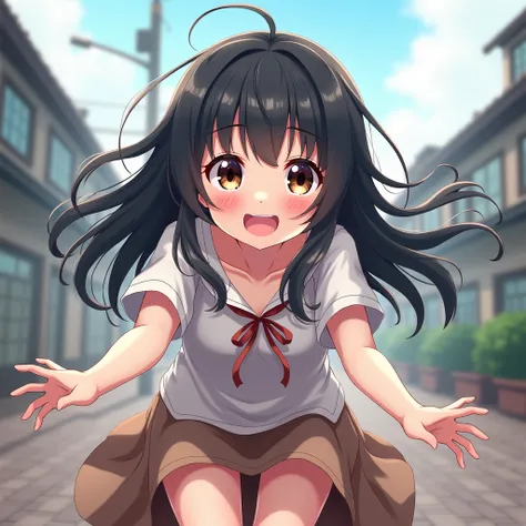 One girl, Long Hair, Black Hair、Brown and black odd eyes、happiness/joy, ass pov, ribbon, Motion Blur, anime, Highest quality, Very detailed, Ultra high definition, Casual clothes、
skirt