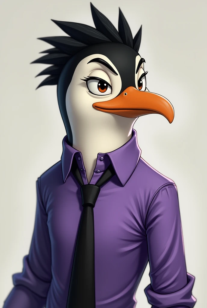 Private from Penguins of Madagascar with black emo hair and a purple shirt with black tie