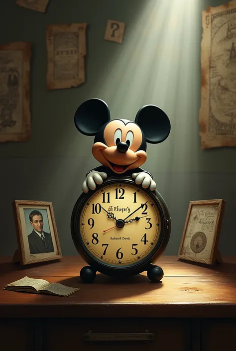 Mickey Mouse watch: Place the Mickey Mouse clock in the center of the drawing. Give it a prominent focus and make sure the watch is easily recognizable, with Mickey&#39;s face and big numbers.Scene from Langdon&#39;s Past: Draw the clock on an old table, n...