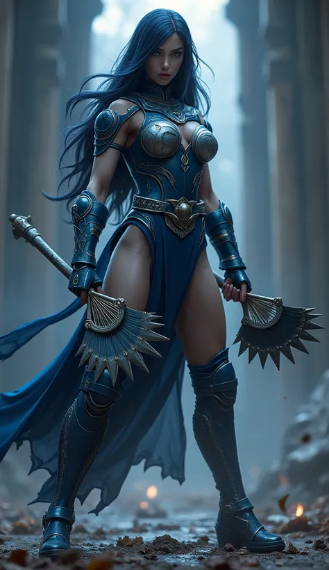 Create an image of a fierce, warrior-like female character inspired by Kitana from Mortal Kombat. She should have long, dark blue hair that flows elegantly, giving her a powerful and mysterious aura. The character should be dressed in a sleek, form-fitting...