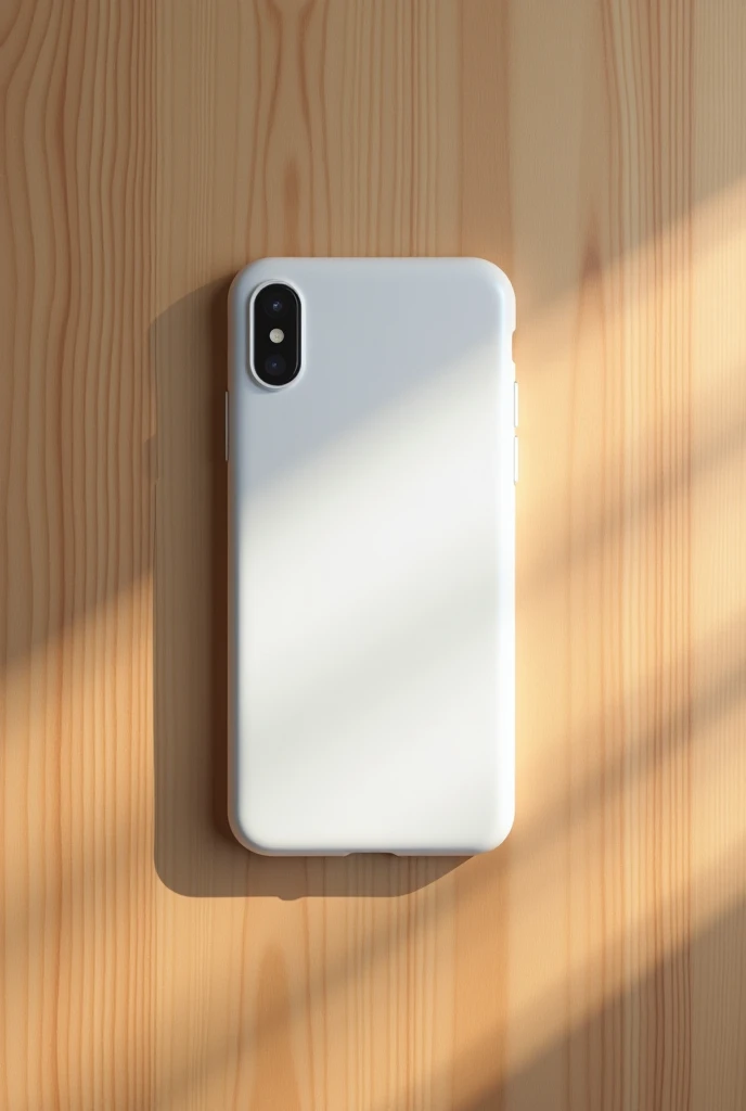 View from above, A white plastic phone case placed on the wooden table surface