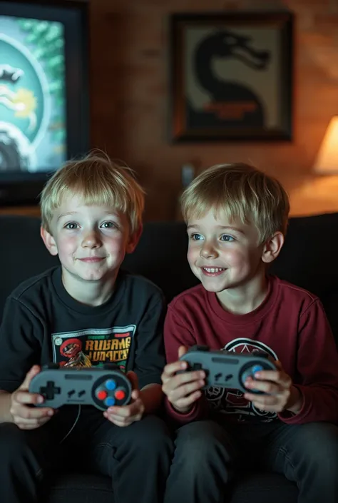 50mm film photography, Photorealistic, photojournalism, Two small boys, one with white skin, black fur, black eyes, the other with blonde skin, blue eyes and brown hair, playing Mortal Kombat Ultimate 3, on the Super Nintendo Entertainment console System (...