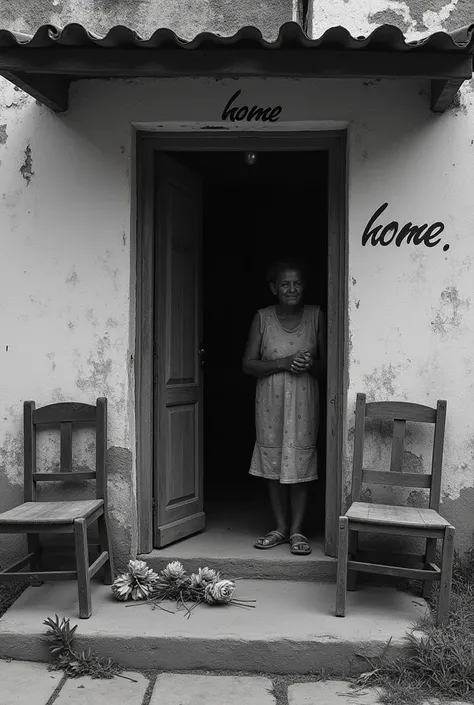 "A black and white photograph, capturing a scene of urban poverty in a big city. Shows a simple house, with worn chairs on the sidewalk. The facade of the house is aged, but it has an inscription that shows that it is a home. on the porch, withered and aba...