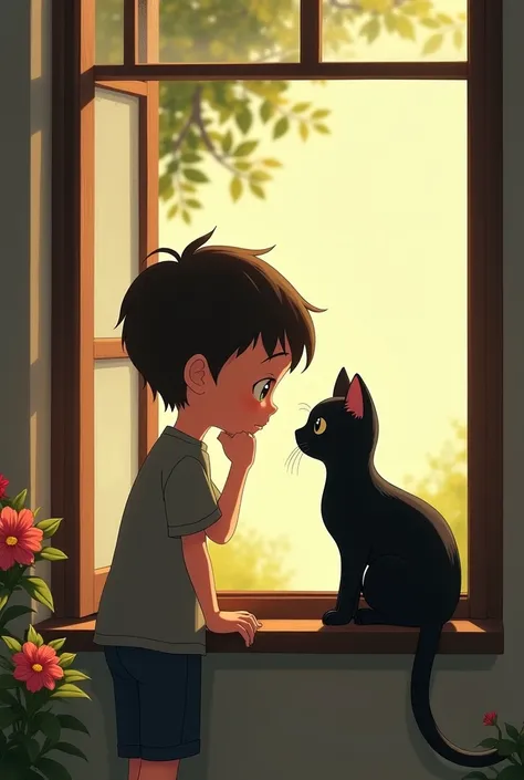 A boy and a black cat is looking at each other beside a opened glass window . The cat has sit on the window. The boy is standing outside of the house and has kept his hand on the lower part of the window and his wrist under his muzzle. In the background th...