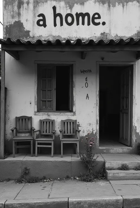 "A black and white photograph, capturing a scene of urban poverty in a big city. Shows a simple house, with worn chairs on the sidewalk. The facade of the house is aged, but it has an inscription that shows that it is a home. on the porch, withered and aba...