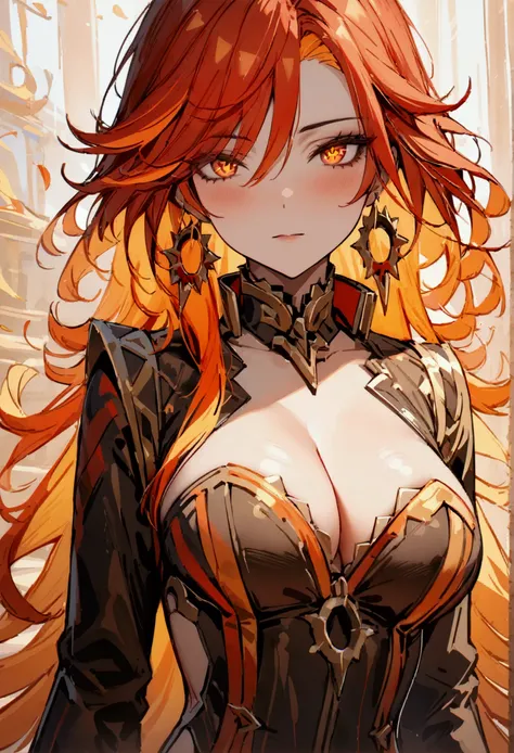 (masterpiece), best quality, 1girl, mavuika, expressive eyes, perfect face, medium round breasts, perky breasts, cleavage, bangs, looking at viewer, midriff, long torso, two-tone hair, red hair, multicolored hair, jewelry, orange hair, 