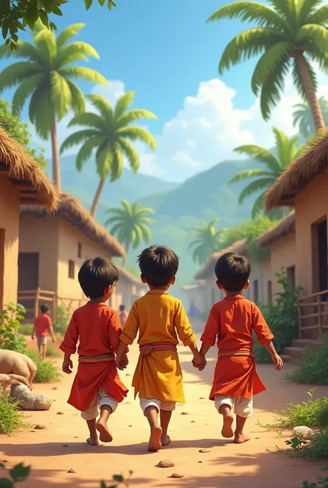 Three friends in Indian villages boy