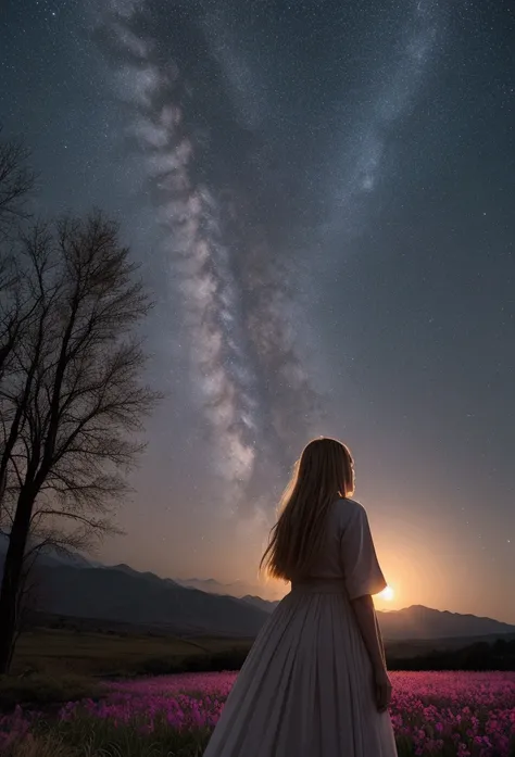 Extensive landscape photos，（Look from the bottom up，Above is the sky，The following are open areas），Girl standing in the flower field looking up，（full moon：1.2），（meteor：0.9），（nebula：1.3），mountains in the distance, Artwork made from broken trees，（Warm light ...