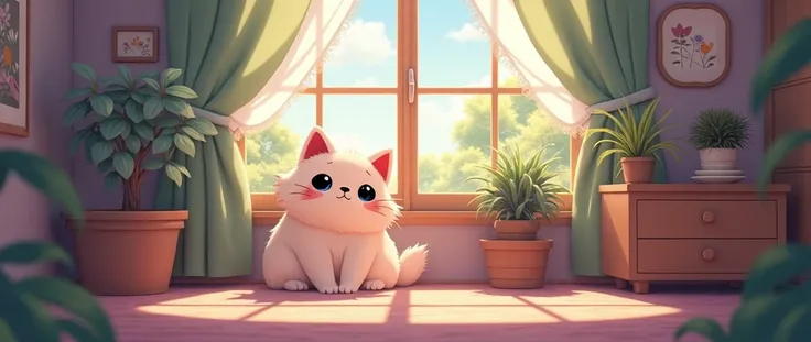 Cat, Cozy Anime,Lofi ,Ultrawide ,Ghibli vibes ,Wide view,Pupple Color Tones