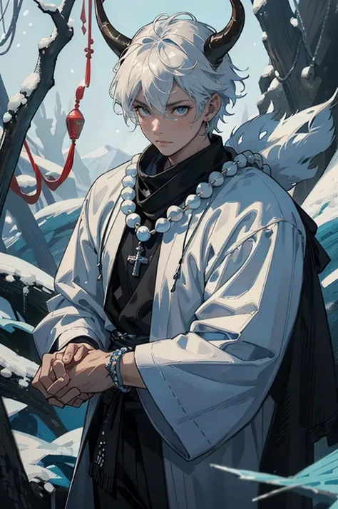 1male, mature, tan skin, tundra, cold, cool tones, surrounded by ice, ice cave, ice cavern, snow, finely detailed glowing blue eyes, ((detailed hands)), nice hands, medium messy hair, white hair color, prayer bead necklace, prayer bead bracelet, night, som...