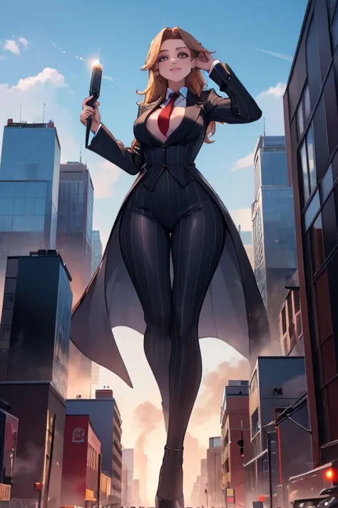 (photorealism:1.2), giant, giant art, giantess, Have a pair of ultra long legs,  heels much lstger than a skyscraper , huge breasts, curvy,  grey pinstriped suit，white tailored shirt, massive red tie, Has ginger waist-length hair，Wearing a pair of platform...